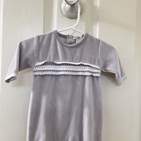 Kissy Kissy Gray Velvet Footie One Piece Crochet Lace Trim Size 0-3 Months - Picture 2 of 12